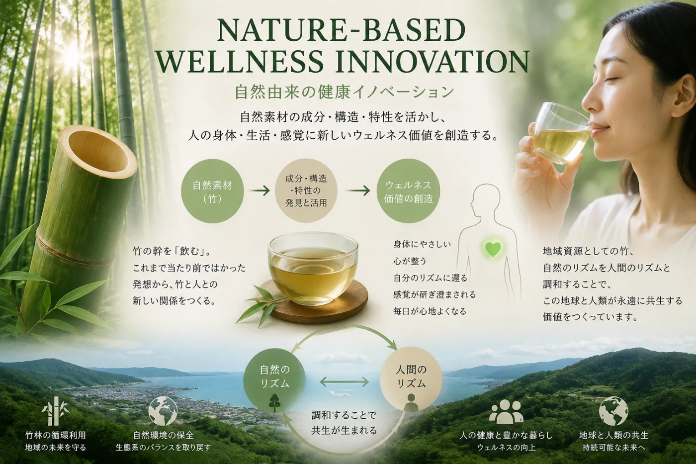 竹林と竹茶を飲む人の様子による「自然由来のウェルネスイノベーション」のコンセプトビジュアル