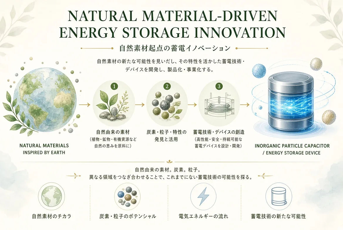 地球・自然素材・炭素粒子・蓄電デバイスを結ぶ「自然素材起点の蓄電イノベーション」のコンセプト図